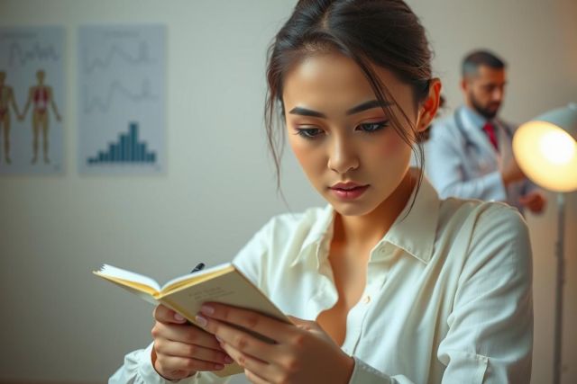 The image features a young woman in a clinical setting, dressed professionally and reading from a notebook. The environment suggests she might be studying or working in the healthcare field. Her focused expression and the medical posters on the wall indicate her engagement with the content of the book.