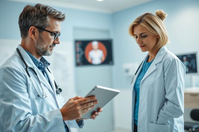 Two doctors in white coats discuss medical imaging on a tablet in a bright, modern hospital setting. The image showcases healthcare professionals collaborating, potentially reviewing patient scans. Blue walls and medical artwork create a clinical yet professional atmosphere.