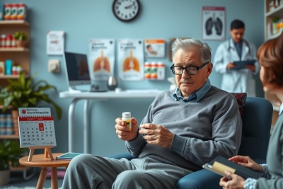 The image depicts an older man sitting in a modern pharmacy, holding medication. The setting is professional and inviting with shelves stocked with various healthcare products. 