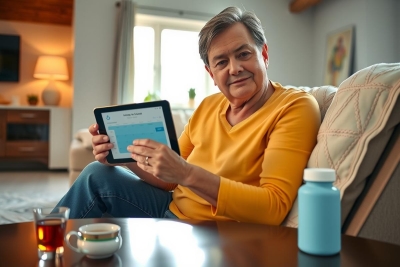 The image features an older woman sitting comfortably in a living room, holding and using a tablet computer. She appears to be engaged with the device for communication or entertainment purposes.