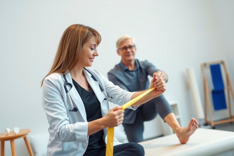 Physical therapist examining patient's leg with a measuring tool in a clinic setting. Healthcare professional, examination, rehabilitation, medical, wellness, patient care.