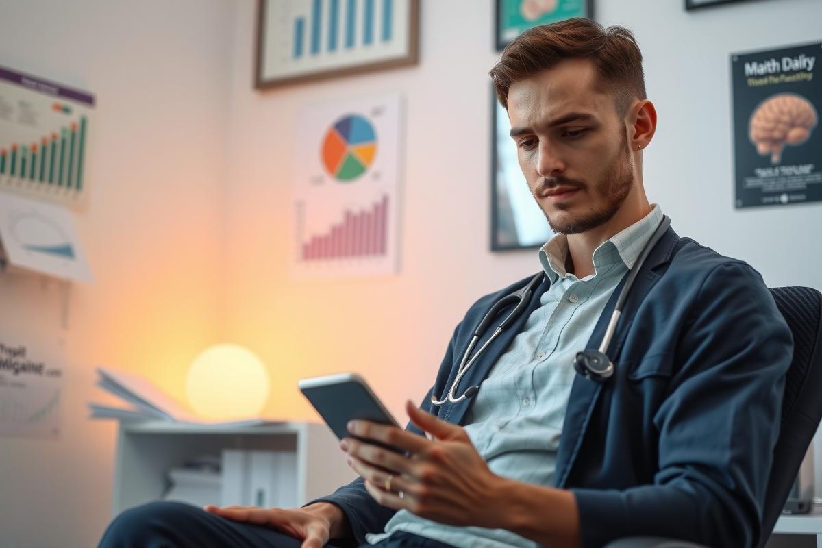 The image features a young male doctor sitting in an office environment. He is wearing a medical uniform and using his phone, which suggests he may be checking on patient information or reviewing case notes during his downtime.