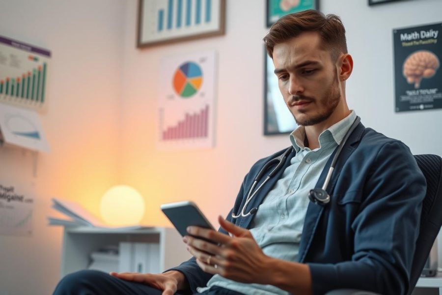 The image features a young male doctor sitting in an office environment. He is wearing a medical uniform and using his phone, which suggests he may be checking on patient information or reviewing case notes during his downtime.