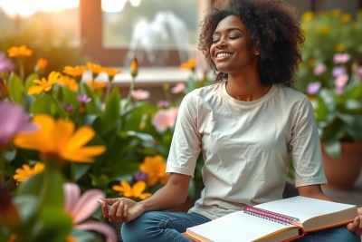 The image shows a person sitting cross-legged in what appears to be an outdoor garden or greenhouse, surrounded by vibrant flowers and lush plants. The person is smiling and seems to be engaged in some form of relaxation or meditation. 
