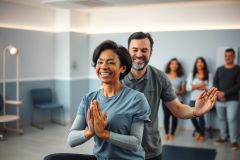Yoga class in a bright, modern studio. A smiling instructor guides a student in a seated pose. Other participants are blurred in the background. Blue and gray tones dominate the scene, creating a calming atmosphere. Focus on wellness, fitness, and group exercise.