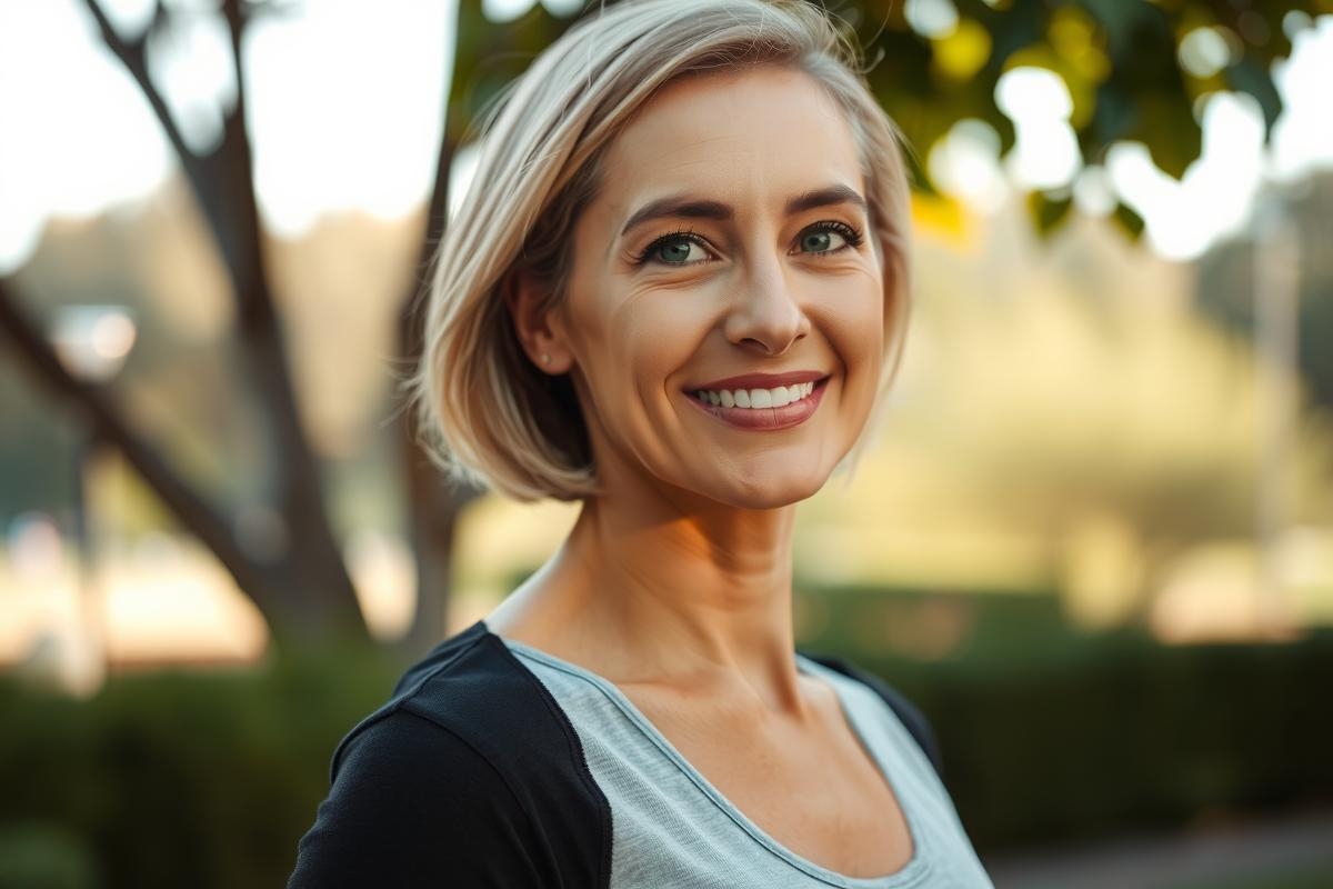 The image features a woman smiling towards the camera. She is wearing a light-colored blouse and appears to be in an outdoor setting, possibly at a park or garden. The environment suggests a peaceful, natural atmosphere with greenery in the background.