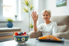 Smiling senior woman waving hello in a cozy living room.  Healthy food including fruit and fish is on a table nearby. Bright, airy interior with natural light.