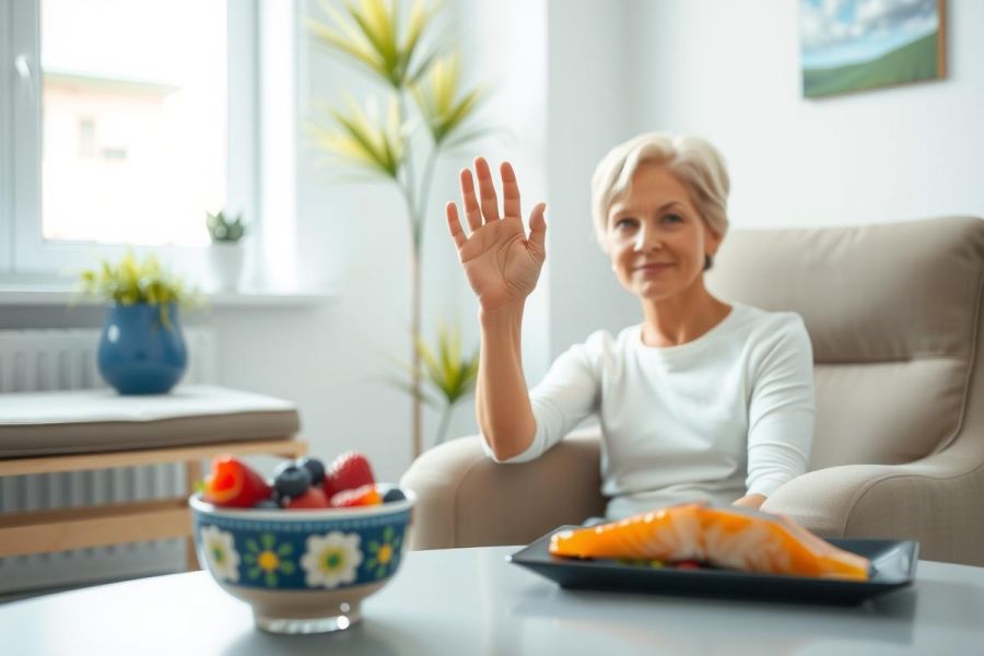 Smiling senior woman waving hello in a cozy living room.  Healthy food including fruit and fish is on a table nearby. Bright, airy interior with natural light.