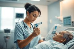 A nurse in a blue scrubs uniform takes a patient's temperature with a forehead thermometer in a modern hospital room. The scene features medical equipment and a calming blue and white color palette, depicting healthcare and patient care.