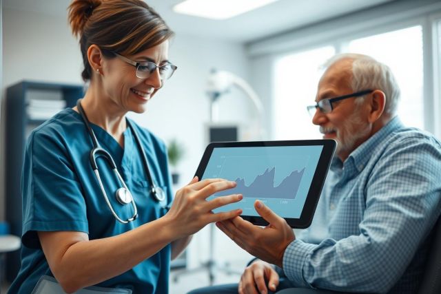 Healthcare professional consults with an elderly patient in a bright medical office. A nurse displays data on a tablet, focusing on health monitoring and patient care. Blue scrubs, glasses, and a friendly atmosphere convey trust and medical expertise.