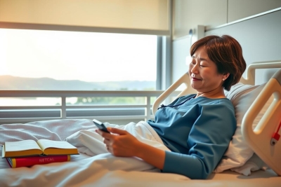 This image depicts a woman lying in a hospital bed, engaging with her cell phone. The room is brightly lit, suggesting it could be morning or early afternoon. The woman is wearing a blue medical gown and appears to be reading a book next to the phone.