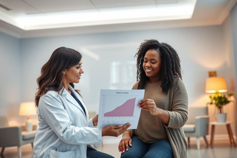 Doctor discussing medical chart with patient in a bright, modern clinic. The scene features a smiling Black woman and a healthcare professional in a white coat, reviewing data. Healthcare, patient care, and medical consultation themes are prominent.