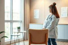 A female doctor in a light blue coat and stethoscope stands near a large window in a modern medical office. Warm, natural light fills the room, highlighting plants and neutral tones. The scene conveys a sense of reflection and healthcare professionalism.