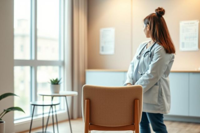 A female doctor in a light blue coat and stethoscope stands near a large window in a modern medical office. Warm, natural light fills the room, highlighting plants and neutral tones. The scene conveys a sense of reflection and healthcare professionalism.