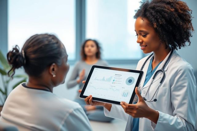 Doctor consulting with patient, reviewing medical data on a tablet in a bright, modern clinic setting. Healthcare professional, patient interaction, digital health, and medical analysis are key themes. Blue and white tones dominate, conveying a sense of trust and professionalism.