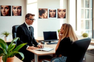 In a modern office environment, a man in a suit is seated at a desk with a woman. The man is wearing glasses and appears to be speaking or showing something on his laptop screen to the woman who is listening attentively. The office features a contemporary design with clean lines and ample natural lighting, suggesting an open and collaborative workspace.