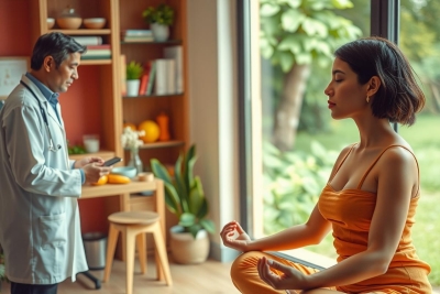 The image portrays a woman practicing meditation while seated on the floor. She is wearing an orange dress and appears to be in a peaceful setting, possibly her home or a wellness center with natural light streaming through large windows. A man stands behind her, dressed in a white lab coat and medical gown, suggesting he might be a healthcare professional observing her meditation session as part of a study or evaluation.