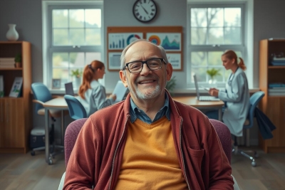 The image shows an older man wearing a red jacket and glasses, sitting in an office environment. He is smiling and appears to be relaxed or happy. In the background, there are other people engaged in work at their desks.