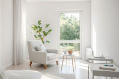 Bright, minimalist interior featuring a comfortable armchair, small round table, and large window with lush greenery view. Clean white walls and natural light create a serene, modern living space. Ideal for home decor, interior design, and relaxation themes.