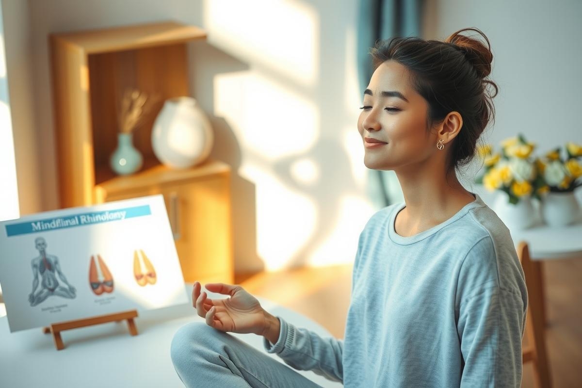 The image shows a woman sitting in a meditative pose, wearing comfortable clothing. She is smiling, appearing relaxed and content. In the background, there is a cozy home setting with natural light coming through the window, and some decorative items like vases and potted plants that contribute to the serene atmosphere of the scene.
