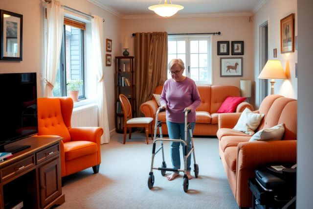 A senior woman is using a walker to navigate through a living room. The room has orange furniture and it's daylight outside.