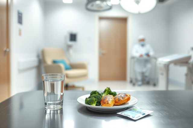 Healthy meal in a hospital setting. A plate with grilled chicken, broccoli, and sweet potatoes sits next to a glass of water, with a medical professional visible in the blurred background. The image evokes themes of patient care, nutrition, and recovery within a clean, modern hospital environment. Colors are primarily white, green, and orange.