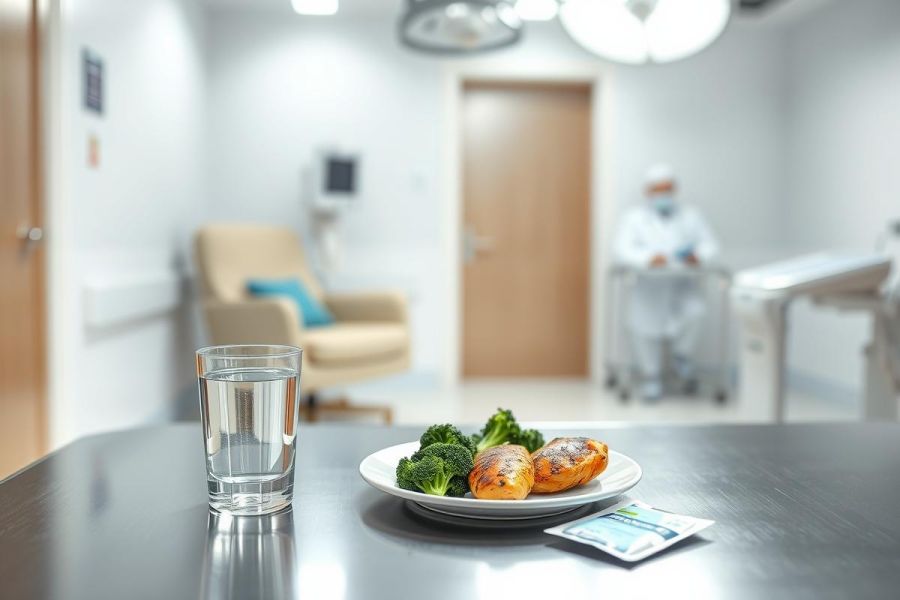 Healthy meal in a hospital setting. A plate with grilled chicken, broccoli, and sweet potatoes sits next to a glass of water, with a medical professional visible in the blurred background. The image evokes themes of patient care, nutrition, and recovery within a clean, modern hospital environment. Colors are primarily white, green, and orange.