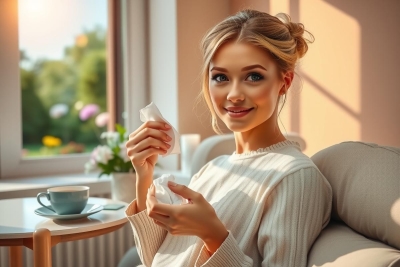 The image shows a woman sitting comfortably on a couch, smiling and enjoying herself. The room has large windows that let in plenty of natural light, suggesting a warm and sunny day. There is a tea cup on a small table beside the couch, hinting at a casual, relaxed atmosphere.
