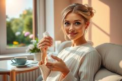 The image shows a woman sitting comfortably on a couch, smiling and enjoying herself. The room has large windows that let in plenty of natural light, suggesting a warm and sunny day. There is a tea cup on a small table beside the couch, hinting at a casual, relaxed atmosphere.