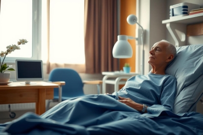 The photo shows a man lying in a hospital bed, looking ahead with a thoughtful expression. He is wearing a hospital gown and appears to be hooked up to some medical equipment.