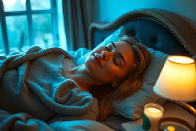 In the image, there is a woman lying in bed with her eyes closed. She appears to be relaxed and comfortable. The room has a soft blue glow, possibly from ambient lighting or candles nearby. The colors are muted and warm, creating a serene atmosphere. The scene suggests a moment of rest or sleep.
