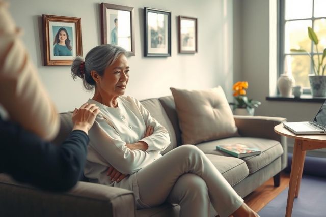 The image features an elderly woman sitting on a couch in what appears to be a living room. She is dressed in light-colored clothing and has her arms crossed, suggesting she might be feeling defensive or closed off. A person is standing beside her, likely engaged in a conversation.