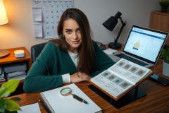 This image features a young woman in an office setting. She is focused on her work, with various items around her that suggest she might be engaged in some form of professional research or analysis. 