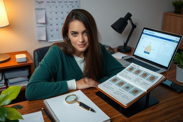 This image features a young woman in an office setting. She is focused on her work, with various items around her that suggest she might be engaged in some form of professional research or analysis. 