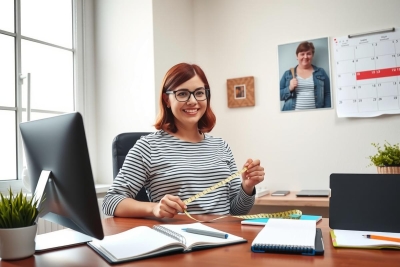 In the image, there is a woman seated at her office desk. She is wearing glasses and appears to be engaged in some work or study activity, with paperwork spread out before her on the desk. The environment suggests an indoor office setting. The color palette is neutral with a soft pastel tone. The overall context of the image seems to depict a professional or academic working environment.