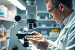 Scientist in a lab examining a slide under a microscope. Focused research, medical analysis, and scientific discovery in a modern laboratory setting. White coat, glasses, and detailed equipment visible.  