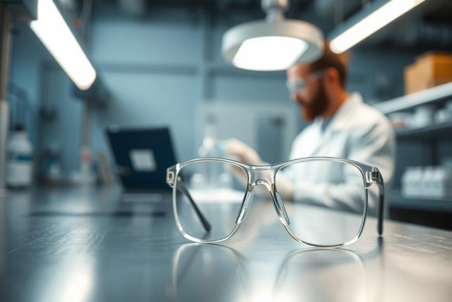 Scientist in lab working with equipment. Close-up of glasses on a lab bench, with a blurred background showing a lab environment and research setting. Focus on science, laboratory, and research themes. Cool blue and grey tones.