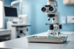 Laboratory scene with microscope and medical equipment. Blue walls and a stainless steel tray holding vials and tools create a sterile, scientific environment. Focus on research, biology, and laboratory settings. Clear liquid, medical science, lab equipment.