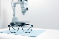 Eyeglasses on a blue surface with a microscope in the blurred background. A clinical setting with cool tones, suggesting optics, vision care, or a laboratory environment. Focus is on the glasses, highlighting eye health and eyewear.