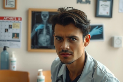 In the image, a man with short dark hair is wearing medical scrubs and is seated at a desk in an office environment. He appears to be engaged in work or examining documents. The room has a clinical feel, with posters on the wall that suggest a professional setting, possibly related to medicine or healthcare.