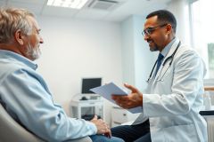 Doctor consulting with senior patient in a bright, modern clinic. The image depicts a healthcare professional, wearing a white coat and stethoscope, reviewing documents with an elderly man. Focus on health, medical consultation, and senior care in a professional setting. Blue and white color scheme.