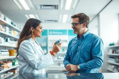 Pharmacist assisting a customer in a brightly lit pharmacy. A woman in a white lab coat shows a medication to a man wearing glasses. Shelves stocked with medicine are visible in the background, creating a healthcare and pharmacy setting.