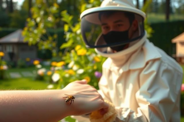 The image shows two people, one wearing a beekeeper's suit and the other in casual clothes. The person in the suit is holding a hand up with a visible bee on their finger, suggesting an interaction or close proximity to bees. They are outdoors, possibly in a garden or orchard area, due to the presence of lush greenery and trees. The overall atmosphere appears calm and interactive.