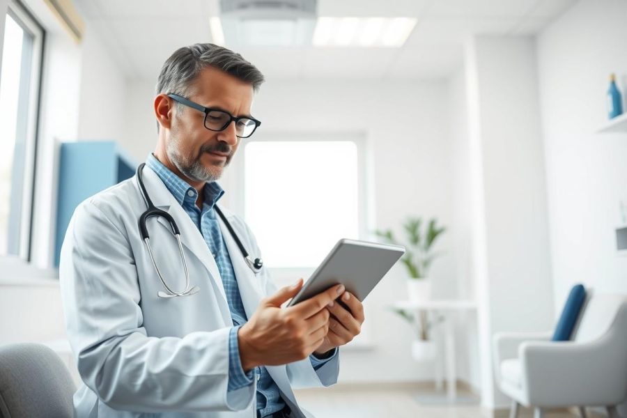 A male doctor in a white coat and glasses examines a tablet in a bright, modern medical office. The scene features a clean, white interior with touches of blue and green, suggesting healthcare technology and patient care.