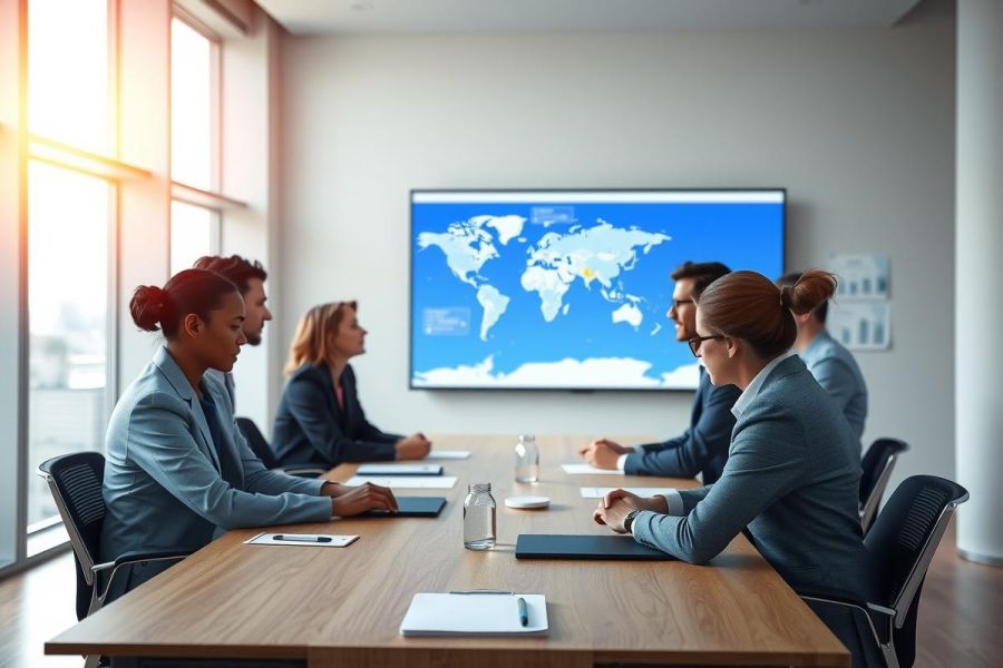 Business meeting with a diverse group of professionals discussing strategy in a modern office. A world map is displayed on a screen, suggesting international collaboration and global focus.