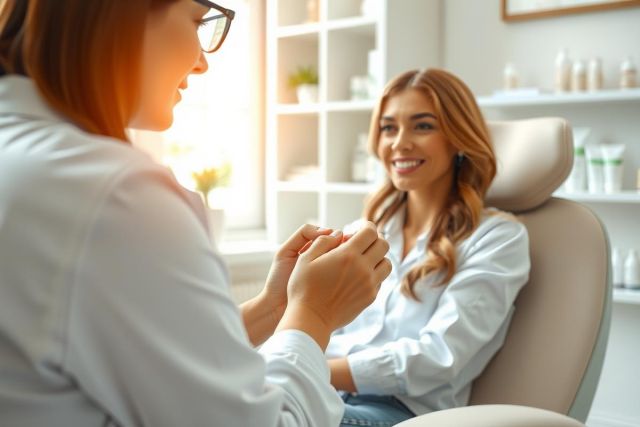 Doctor-patient consultation in a bright, modern office. A female doctor examines a patient, showing empathy and care. The scene depicts a healthcare setting with a focus on wellness and medical care.