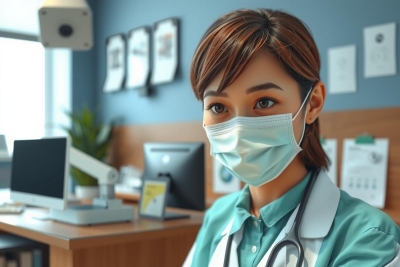 The image features a young woman wearing medical protective gear including a mask, face shield, and surgical cap, sitting at a computer desk. The environment suggests an office or a clinic with modern decor. Her attire is typical for healthcare professionals and she appears focused on the task at hand.