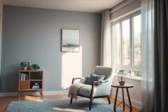 Cozy living room interior with a comfortable armchair, wooden side table, and bookshelf against a gray wall. Natural light streams through a window, highlighting a framed artwork and soft rug. Modern, minimalist decor and neutral color palette create a relaxing home atmosphere.