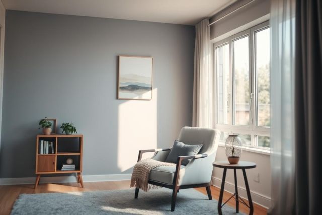 Cozy living room interior with a comfortable armchair, wooden side table, and bookshelf against a gray wall. Natural light streams through a window, highlighting a framed artwork and soft rug. Modern, minimalist decor and neutral color palette create a relaxing home atmosphere.