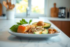 Healthy salmon dish with quinoa, avocado, and almonds on a white plate. A nutritious meal with vibrant colors and fresh ingredients, set against a marble surface.